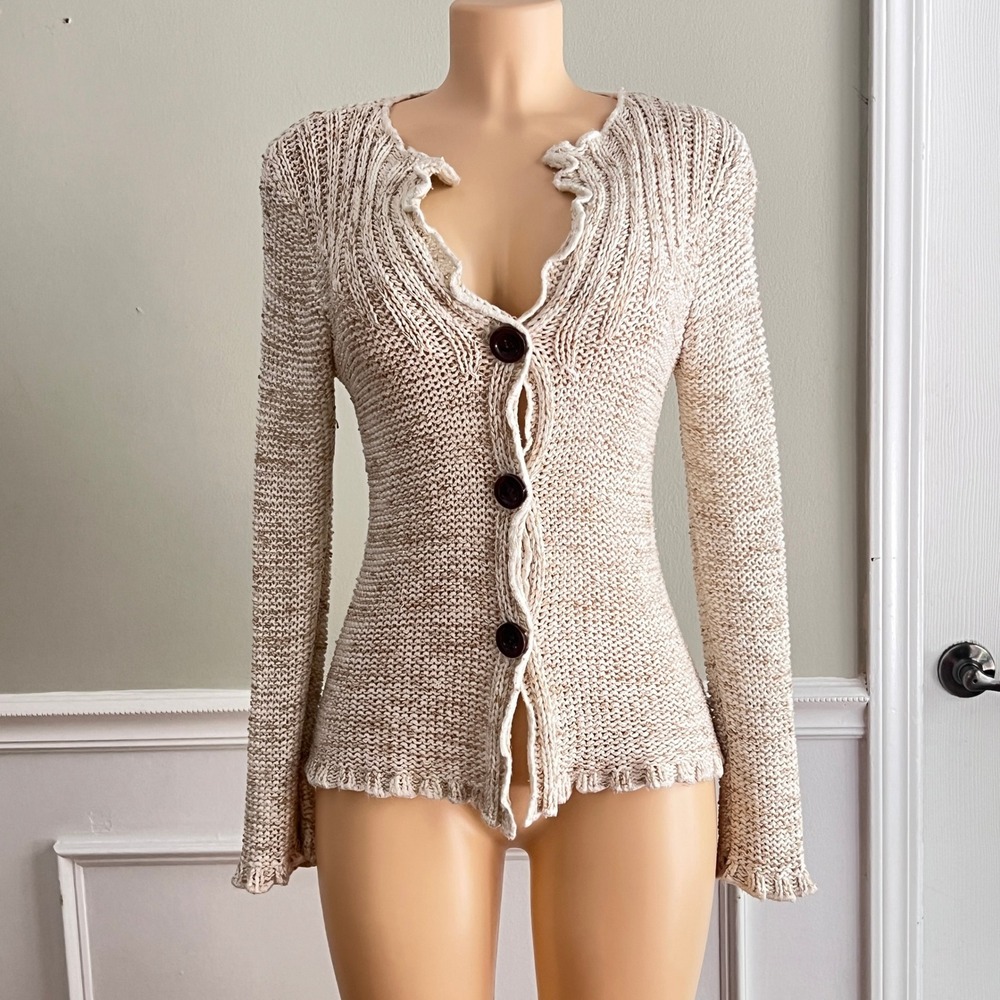 BCBGMAXAZRIA Cardigan Women Medium Light Knit Ruffle Trim Beige Marl V-Neck Boho